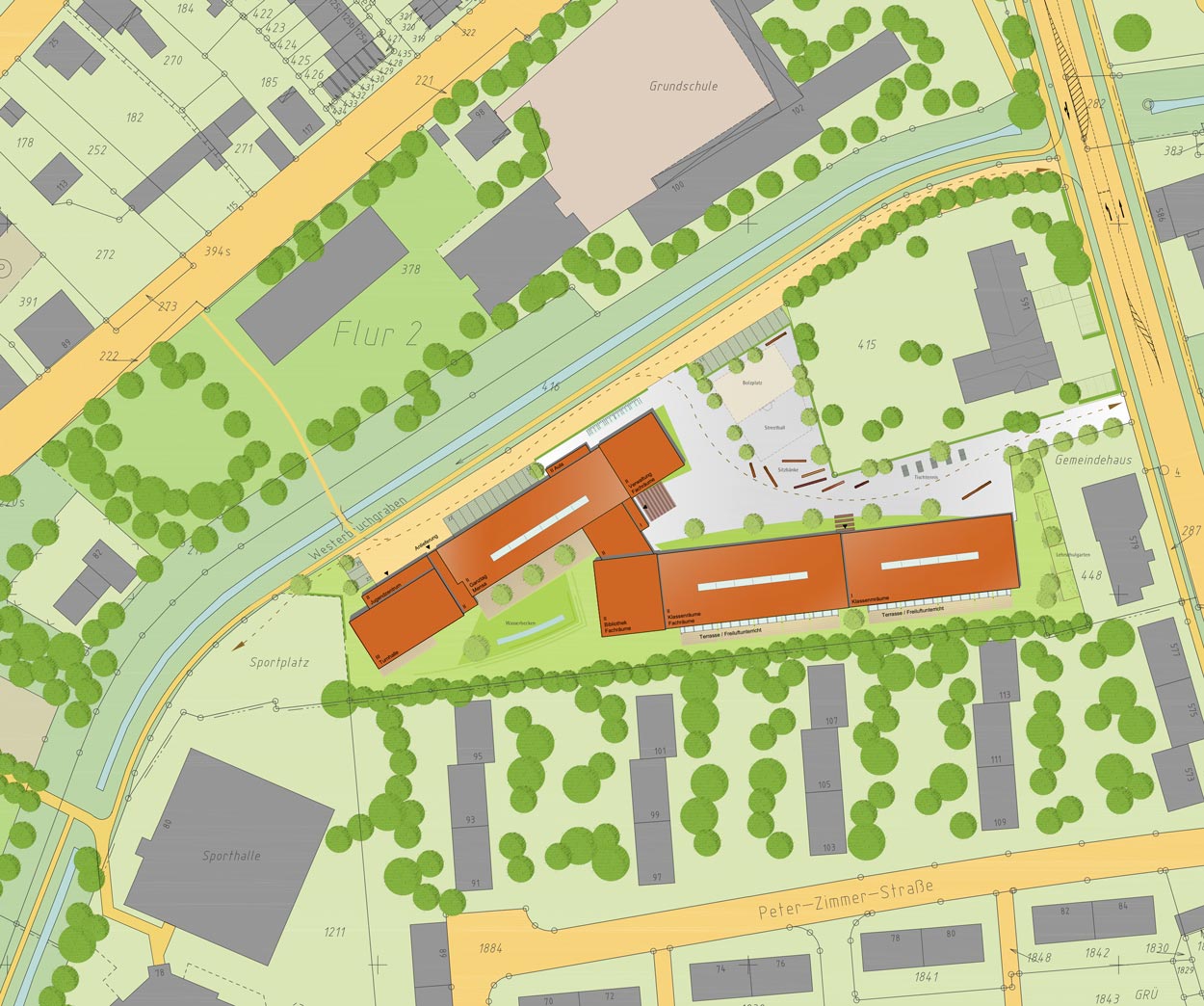 Lageplan Städtebauliches Konzept Ganztagshauptschule Römerstraße - Westerbruchgraben, Moers Planquadrat